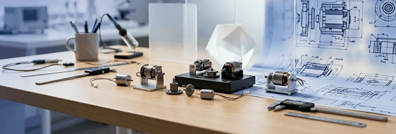 Engineering partnership—design desk with motors and technical collaboration visual