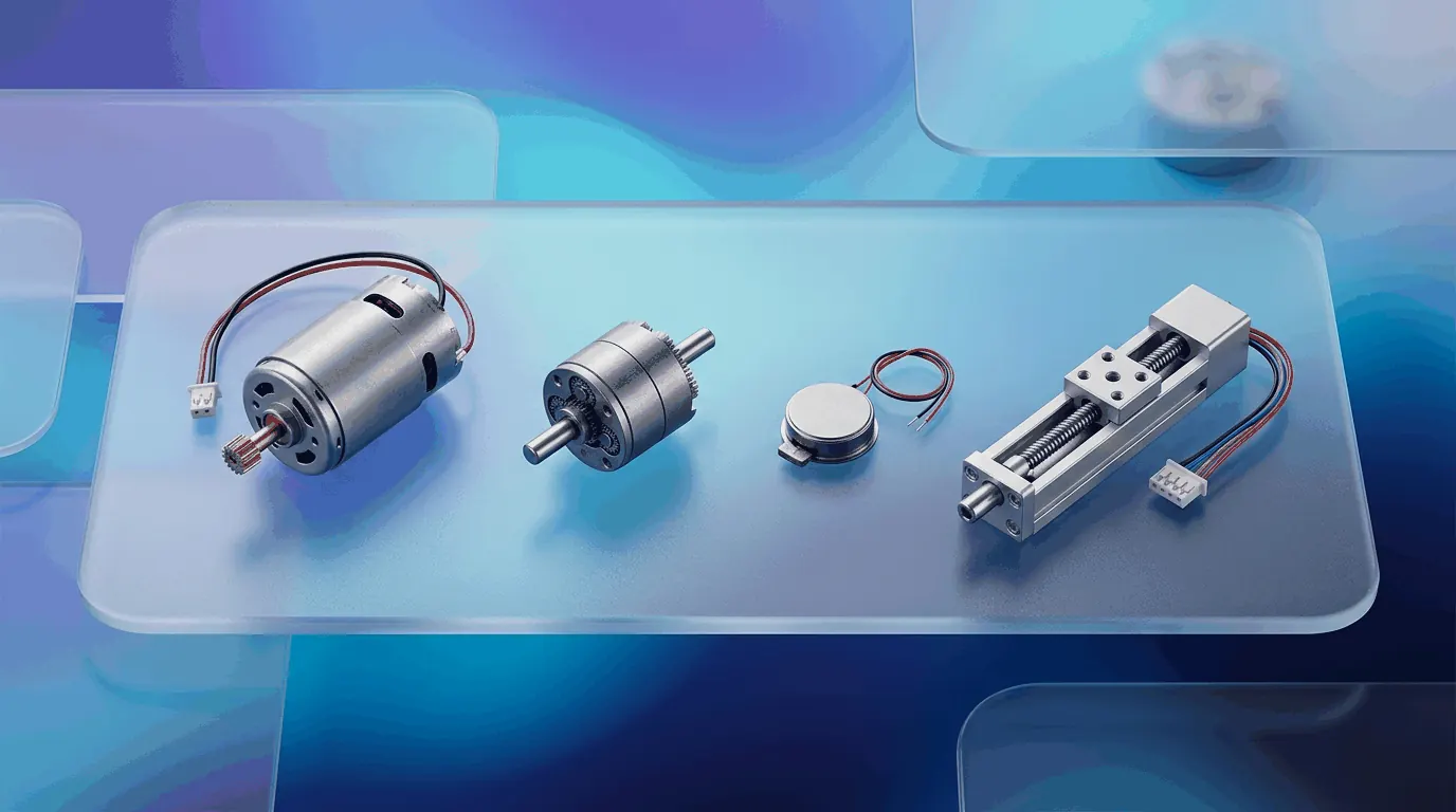 Precision miniature DC motors, gears and copper windings—engineering-focused visual matching our motors and mechanisms offering